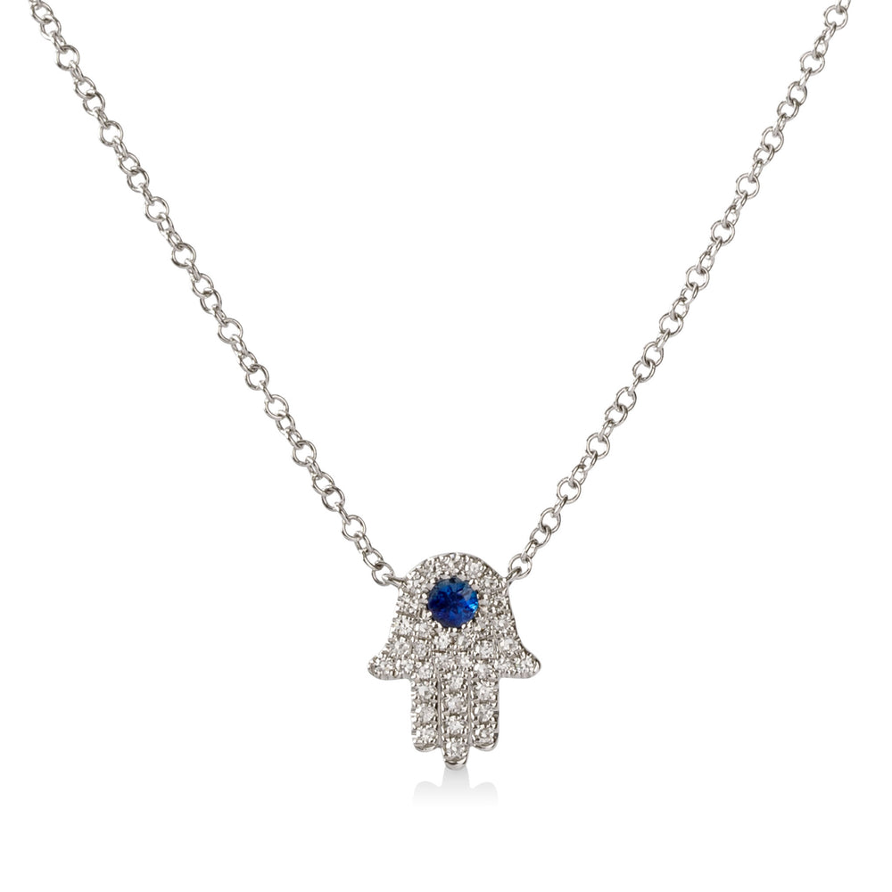 14kw .17ctw Diamond & Sapphire Hamsa Necklace