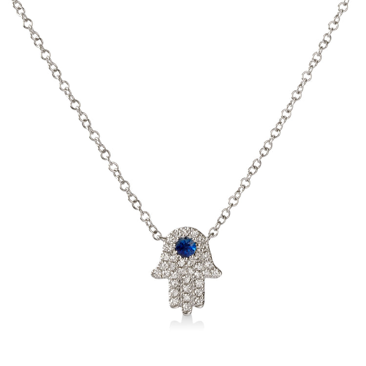 14kw .17ctw Diamond & Sapphire Hamsa Necklace