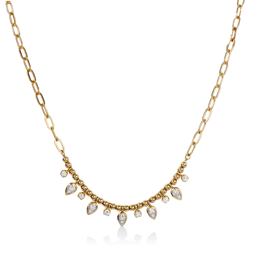18ky .51ctw Pear and Round Diamond Drop Beaded Oval Link Necklace