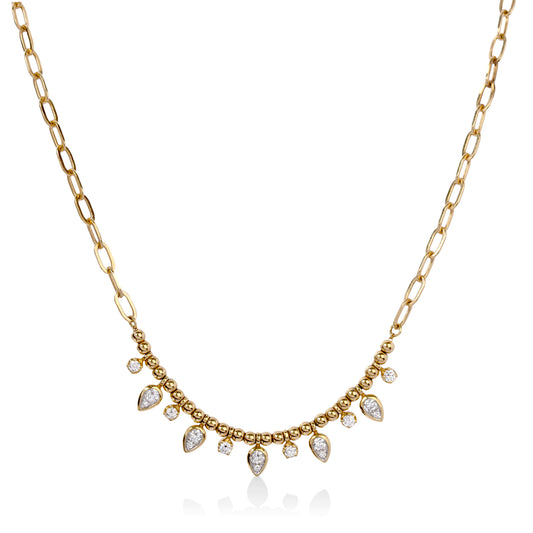 18ky .51ctw Pear and Round Diamond Drop Beaded Oval Link Necklace