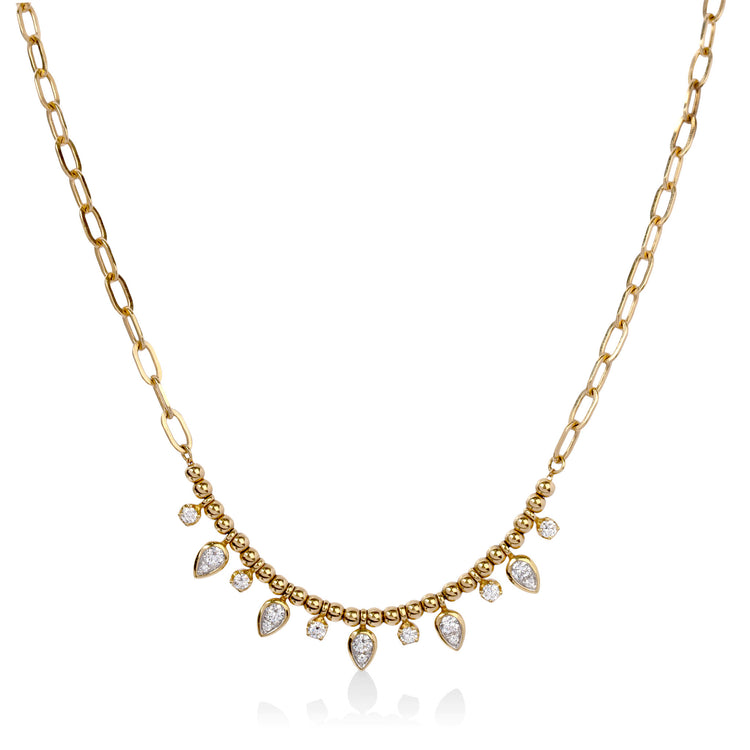 18ky .51ctw Pear and Round Diamond Drop Beaded Oval Link Necklace