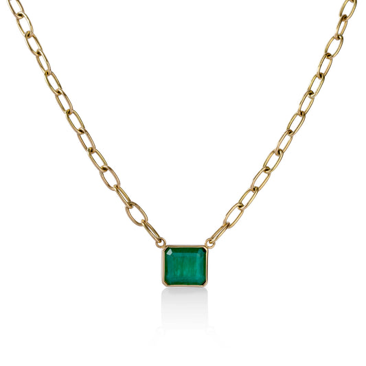 14ky 1.73ct Emerald Bezel Necklace with Handmade Chain