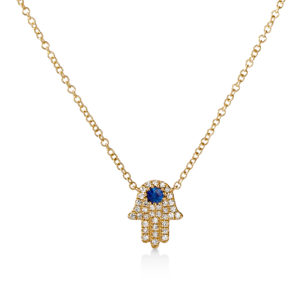 14ky .09ctw Hamsa Diamond & Sapphire Necklace