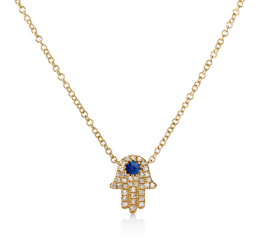 14ky .09ctw Hamsa Diamond & Sapphire Necklace
