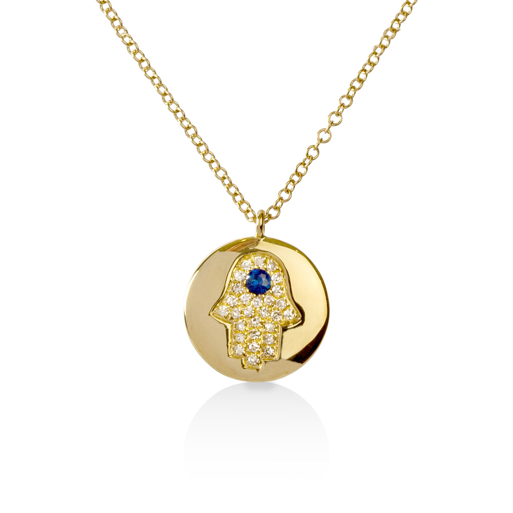 14ky .04ct Sapphire .08ctw Pave Hamsa Disk Necklace