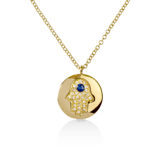 14ky .04ct Sapphire .08ctw Pave Hamsa Disk Necklace