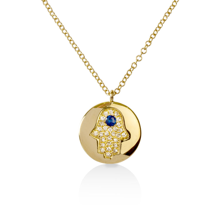 14ky .04ct Sapphire .08ctw Pave Hamsa Disk Necklace