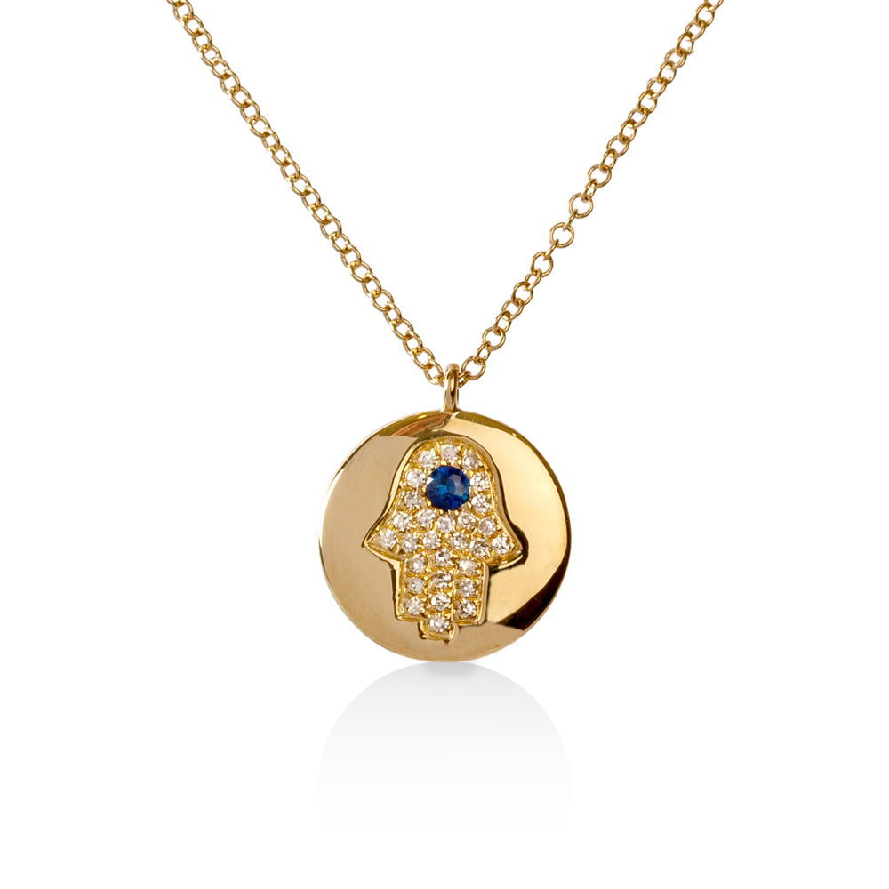 14ky .04ct Sapphire .08ctw Pave Hamsa Disk Necklace