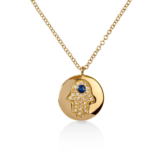 14ky .04ct Sapphire .08ctw Pave Hamsa Disk Necklace