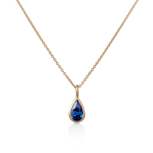 18ky .89ct Pear-Shape Blue Sapphire Bezel Pendant With 18" Chain