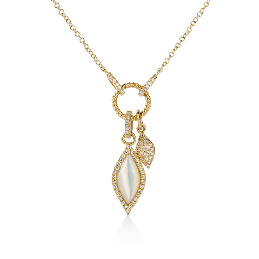 14ky .81ct Double Marquise Dangle Mother of Pearl Pave Necklace