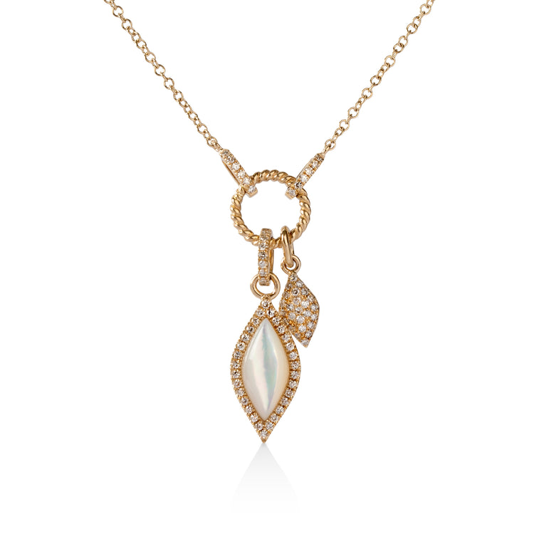 14ky .81ct Double Marquise Dangle Mother of Pearl Pave Necklace
