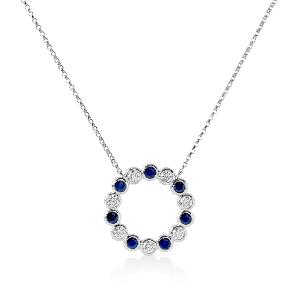 14kw .64ctw Sapphire and .74ctw Diamond Bezel Circle Necklace