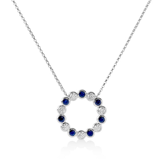 14kw .64ctw Sapphire and .74ctw Diamond Bezel Circle Necklace