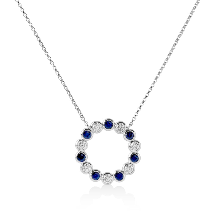 14kw .64ctw Sapphire and .74ctw Diamond Bezel Circle Necklace