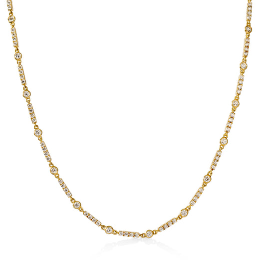 18ky 3.02ctw Round Bezel Link and Pave Bar Diamond Necklace