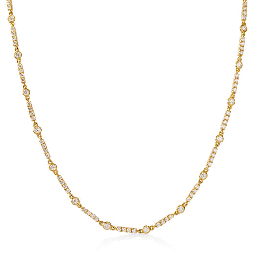 18ky 3.02ctw Round Bezel Link and Pave Bar Diamond Necklace
