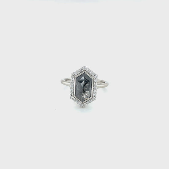 2.37ct Elongated Hex Salt & Pepper Halo Diamond Ring
