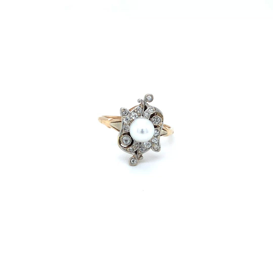 Vintage 14k Yellow Gold Pearl and Diamond Halo Ring