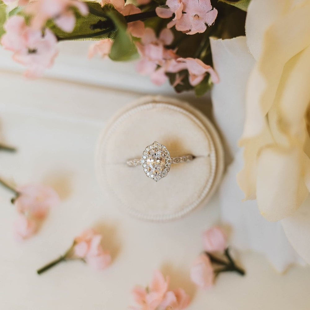 14k White Gold Oval Floral Vintage-Inspired Halo Ring