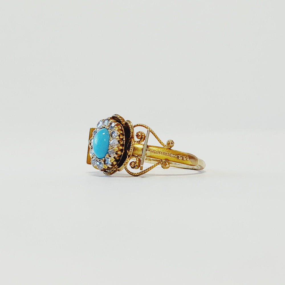 Vintage 14k Yellow Gold Turquise and Rose Cut Diamond Ring