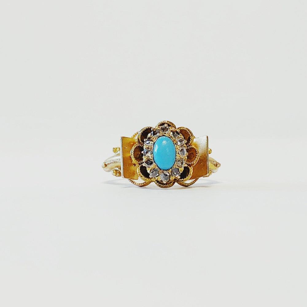 Vintage 14k Yellow Gold Turquise and Rose Cut Diamond Ring