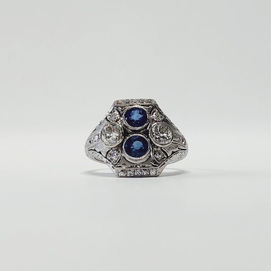 Platinum Vintage Diamond + Sapphire Ring