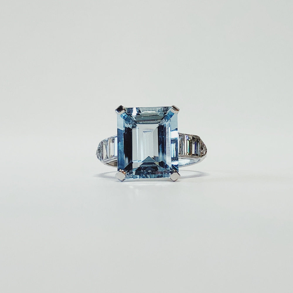 Vintage Platinum 4.89ct Aquamarine and Diamond Deco Ring