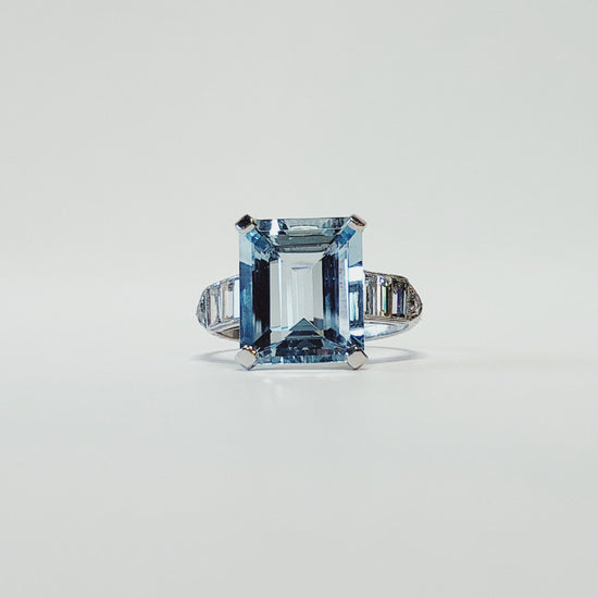 Vintage Platinum 4.89ct Aquamarine and Diamond Deco Ring
