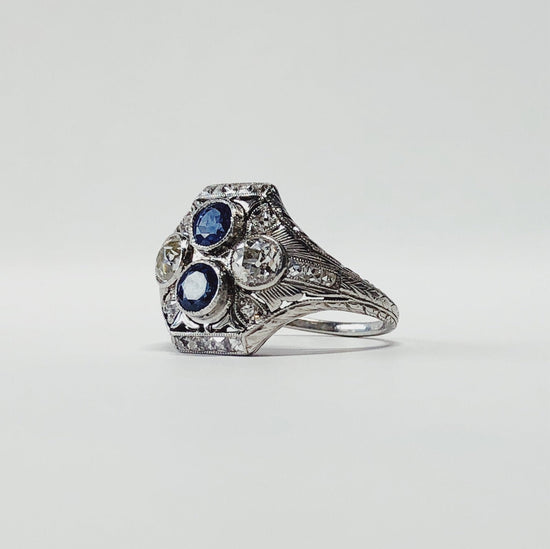 Platinum Vintage Diamond + Sapphire Ring